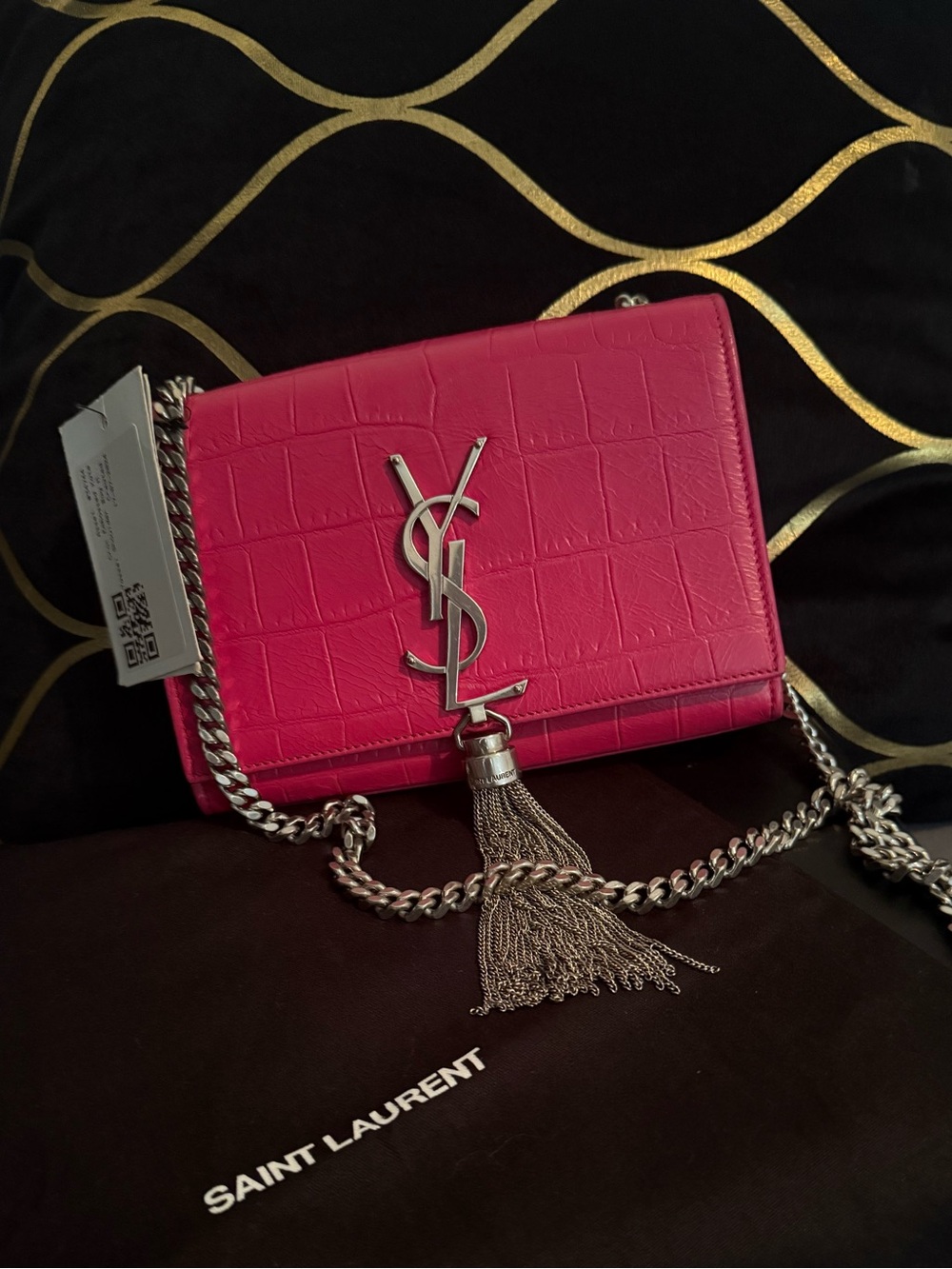 🔥Saint Laurent Fuchsia Croc-Embossed Kate Tassle Bag Small🔥 - Picture 16 of 17